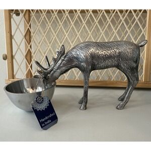 Handcrafted Silver Metal Reindeer Figurine with Attached Serving Bowl